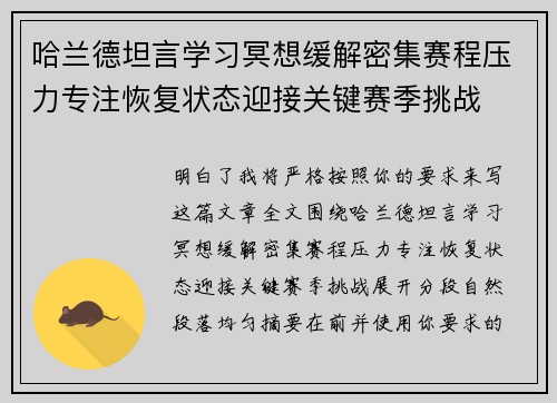 哈兰德坦言学习冥想缓解密集赛程压力专注恢复状态迎接关键赛季挑战